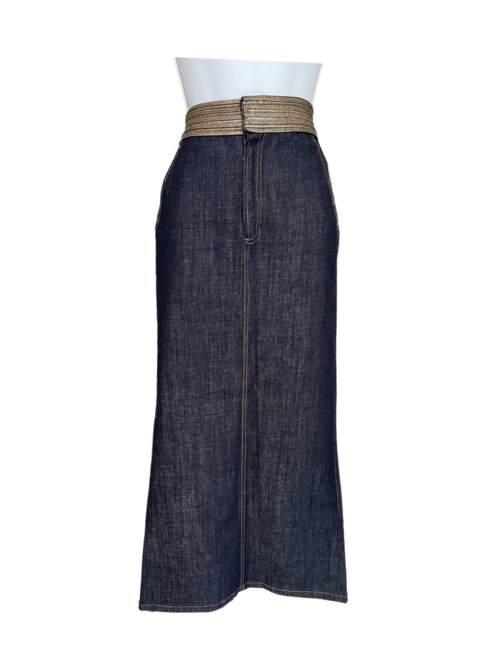 Nuit A La Mode Skirt- Denim w/Back Slit and Gold Belt Embroidery
